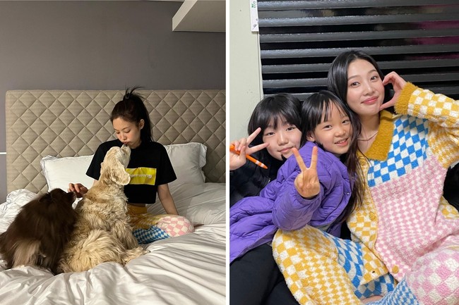 Jennie BLACKPINK dan Joy Red Velvet terlihat memakai set piyama Pastel Patchwork koleksi Wiggle Wiggle. Jennie memadukan celananya dengan crop top hitam keluaran Alexander Wang. Sementara Joy memakai full set seharga Rp 1 jutaan itu. Foto: dok Instagram @jennierubyjane, dok Instagram @_imyour_joy