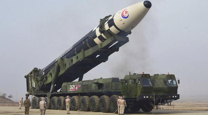 This photo distributed by the North Korean government shows what it says a test-fire of a Hwasong-17 intercontinental ballistic missile (ICBM), at an undisclosed location in North Korea on March 24, 2022. Independent journalists were not given access to cover the event depicted in this image distributed by the North Korean government. The content of this image is as provided and cannot be independently verified. Korean language watermark on image as provided by source reads: KCNA which is the abbreviation for Korean Central News Agency. (Korean Central News Agency/Korea News Service via AP)