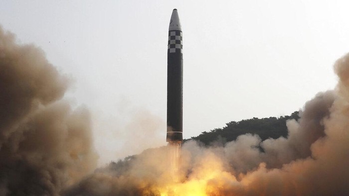 This photo distributed by the North Korean government shows what it says a test-fire of a Hwasong-17 intercontinental ballistic missile (ICBM), at an undisclosed location in North Korea on March 24, 2022. Independent journalists were not given access to cover the event depicted in this image distributed by the North Korean government. The content of this image is as provided and cannot be independently verified. Korean language watermark on image as provided by source reads: KCNA which is the abbreviation for Korean Central News Agency. (Korean Central News Agency/Korea News Service via AP)