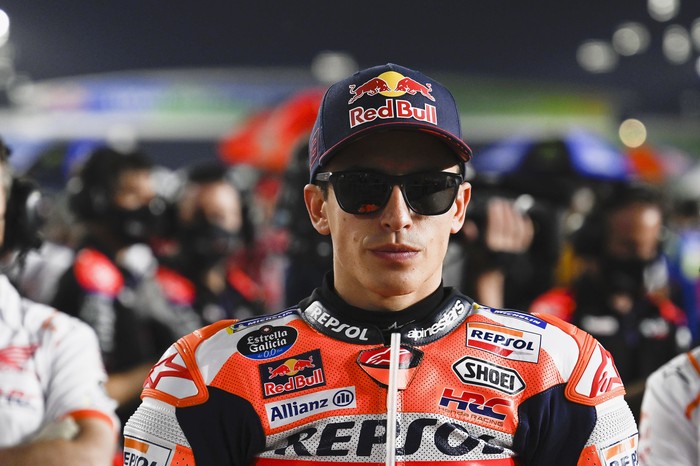 DOHA, QATAR - MARCH 06: Marc Marquez of Spain and Repsol Honda Team prepares to start on the grid during the MotoGP race during the MotoGP of Qatar at Losail Circuit on March 06, 2022 in Doha, Qatar. (Photo by Mirco Lazzari gp/Getty Images,)