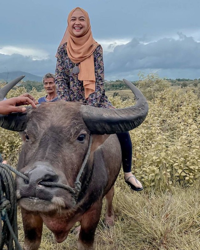 Nggak cuma kuda, Ricis juga merasakan pengalaman saat naik kerbau. Alih-alih terlihat khawatir karena sedang hamil, Ricis justru tampak tertawa bahagia. Foto: Instagram