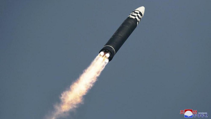 This photo distributed by the North Korean government shows what it says a test-fire of a Hwasong-17 intercontinental ballistic missile (ICBM), at an undisclosed location in North Korea on March 24, 2022. Independent journalists were not given access to cover the event depicted in this image distributed by the North Korean government. The content of this image is as provided and cannot be independently verified. Korean language watermark on image as provided by source reads: 