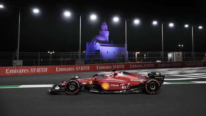 Ferrari driver Charles Leclerc of Monaco steers his car during practice for the Formula One Grand Prix it in Jiddah, Saudi Arabia, Friday, March 25, 2022. (AP Photo/Hassan Ammar)