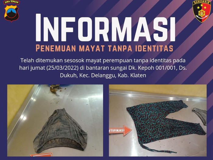 Ciri-ciri pakaian yang dikenakan mayat wanita misterius di tepi jalan Jogja-Solo, Desa Dukuh, Kecamatan Delanggu.