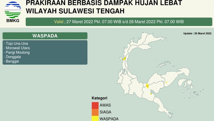 BMKG mengeluarkan prakiraan berbasis dampak hujan lebat di Sulteng.