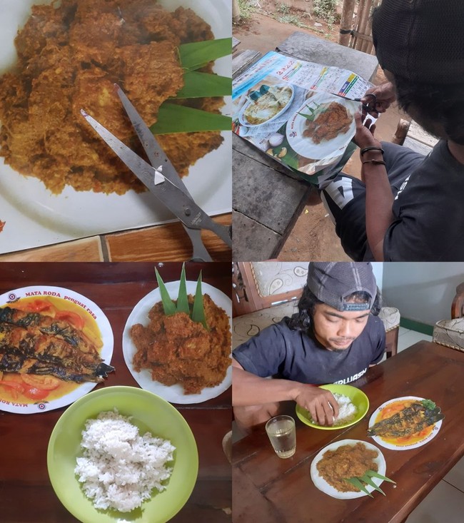 Sebuah tutorial berfaedah agar tetap bisa makan enak tanpa harus masak pakai minyak atau keluar banyak uang. Lumayan kalau difoto di media sosial kan jadi bisa bikin yang lihat jadi ngiler. Padahal sih cuma bermodalkan kalender yang ada foto makanannya aja.. Foto: Facebook/Khoirul Anam