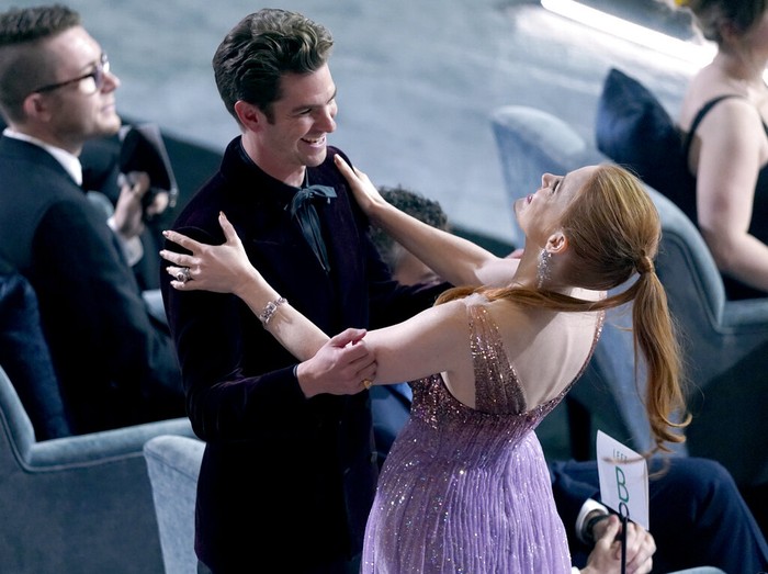Andrew Garfield Andrew Garfield, left, and Jessica Chastain appear in the audience at the Oscars on Sunday, March 27, 2022, at the Dolby Theatre in Los Angeles. (AP Photo/Chris Pizzello)