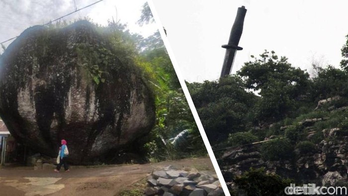 Kolase foto (kiri) Batu Iuh dan belati raksasa di KBB (kanan)