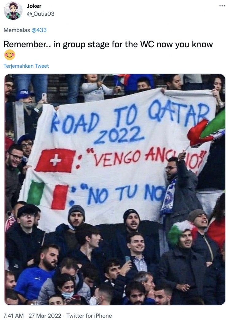 Fans Swiss ejek Timnas Italia yang gagal lolos ke Piala Dunia 2022