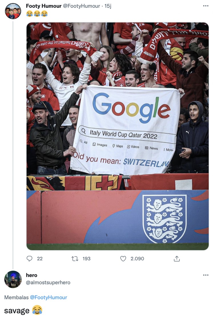 Meme Fans Swiss ejek Timnas Italia yang gagal lolos ke Piala Dunia 2022