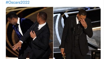 Setelah menampar Chris Rock, Will Smith kembali naik panggung karena menang Oscar sebagai Best Actor. Momen yang ikonik, tulis netizen ini. Foto: Twitter