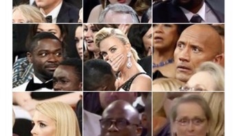 Reaksi terkejut para bintang yang menghadiri ajang Oscar 2022 usai Will Smith mendadak menampar Chris Rock. Chris Rock ditampar karena membuat lelucon soal Jada Pinkett-Smith, istri Will Smith, yang seperti bintang GI Jane karena penampilan botaknya. Foto: Twitter