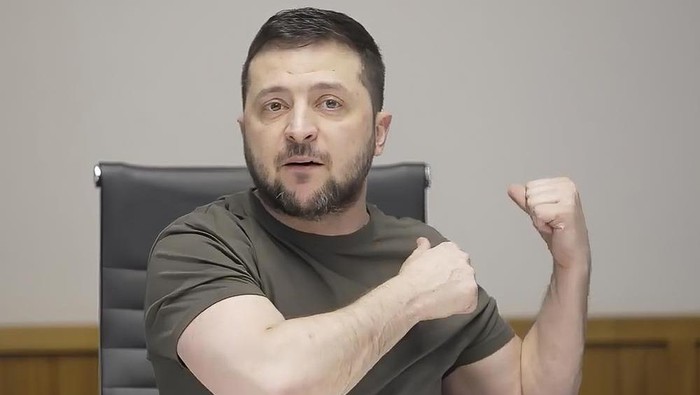 In this image from video provided by the Ukrainian Presidential Press Office, Ukrainian President Volodymyr Zelenskyy speaks during an interview with independent Russian news media from Kyiv, Ukraine, Sunday, March 27, 2022. (Ukrainian Presidential Press Office via AP)