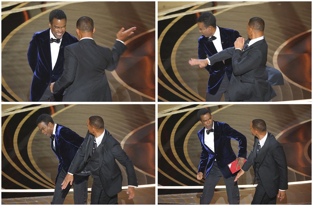 Gambar kombinasi yang menunjukkan Will Smith memukul Chris Rock saat Rock berbicara di atas panggung selama Academy Awards ke-94 Oscar di Hollywood, Los Angeles, California, AS, Minggu (27/3/2022). (REUTERS/Brian Snyder)