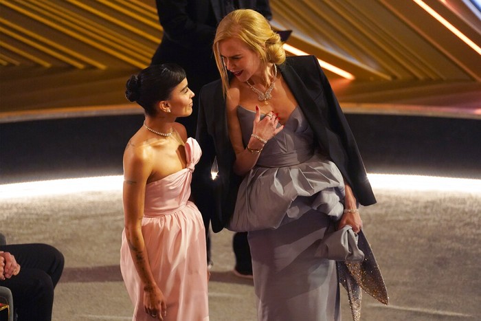 Zoe Kravitz Zoe Kravitz, left, and Nicole Kidman appear in the audience at the Oscars on Sunday, March 27, 2022, at the Dolby Theatre in Los Angeles. (AP Photo/Chris Pizzello)