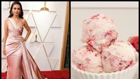 Masih bernuansa pink dan pastel, aktris Mila Kunis menyita perhatian dengan gaun satin buatan Zuhair Murad yang dipakainya. Warna gaun ini benar-benar mirip gelato stroberi ya!