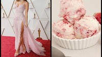 Kalau melihat gaun Lily James ini mirip gelato apa ya? Warna pink gaun Versace ini mengingatkan banyak orang akan gelato mixed berry, lengkap dengan potongan buah segarnya!