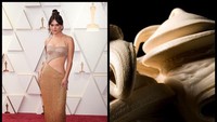 Bintang Coda, Emilia Jones terlihat bersinar dengan gaun rancangan Dolce & Gabbana. Warna cokelat keemasannya mengingatkan akan warna gelato kacang. 