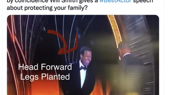 Saya tidak bodoh dan yakin ini direncakan. Chris Rock merunduk dan menyesuaikan kakinya sebelum Will Smith menamparnya dan kemudian secara kebetulan, Will Smith berpidato tentang melindungi keluarganya? tulis netizen ini. Foto: Twitter