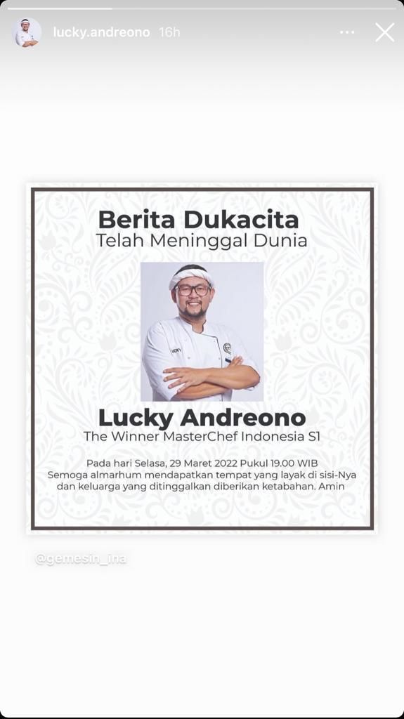 Chef Lucky Andreono meninggal dunia