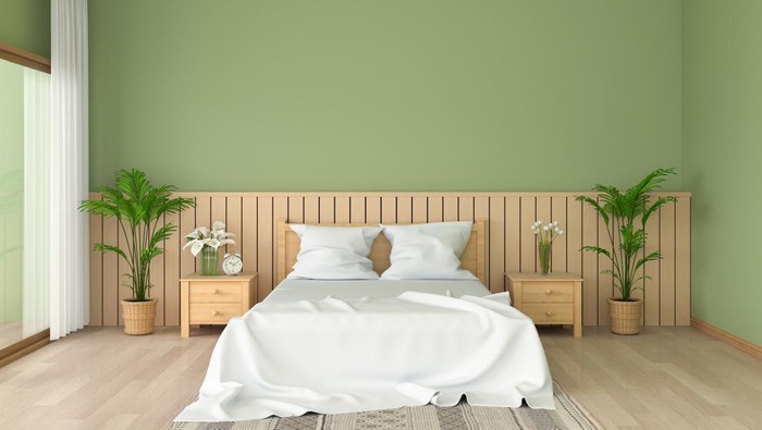 Green bedroom interior for mockup, 3D rendering