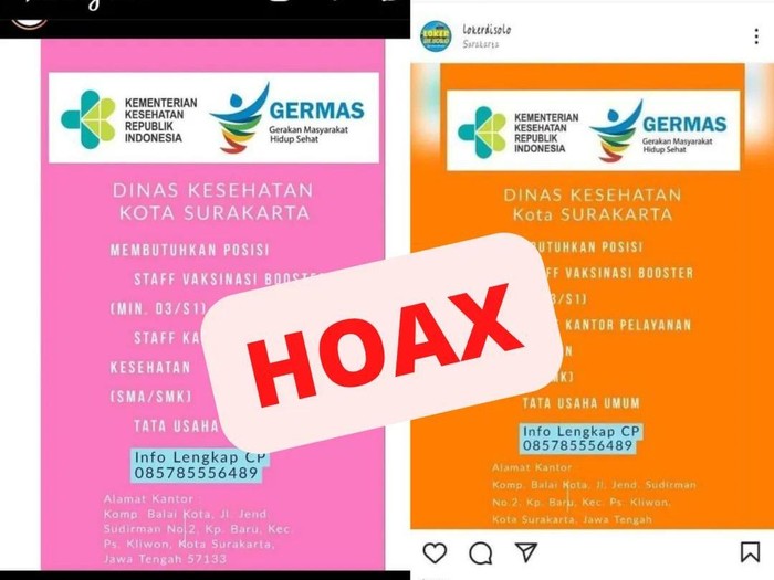 Postingan informasi lowongan kerja di DKK Solo yang ternyata hoax.