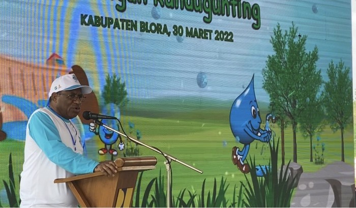 Wamen PUPR John Wempi Wetipo saat berpidato di acara puncak World Water Day atau Hari Air Dunia (HAD)