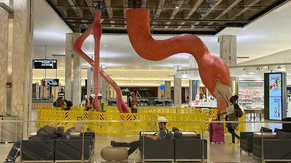 Sebuah instalasi flamingo berwarna merah muda bertengger di Bandara Tampa Florida. Berukuran besar, tingginya mencapai enam meter. (Matthew Mazzotta/instagram)