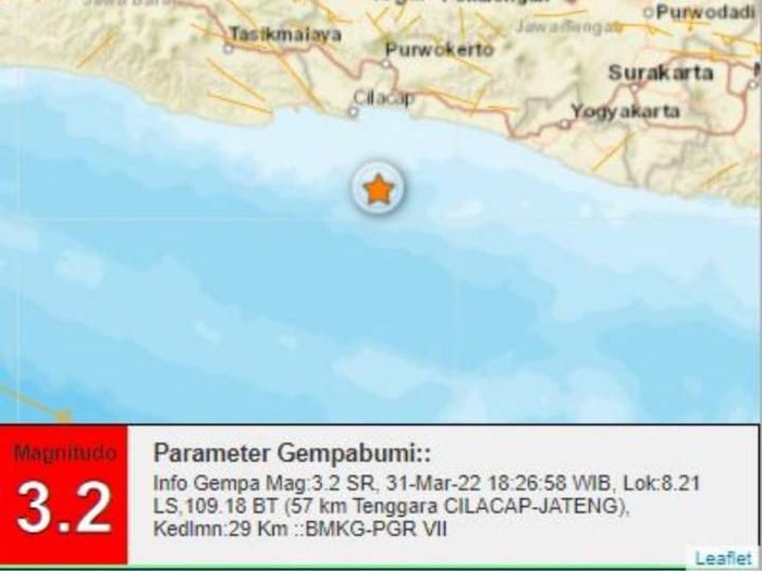 Gempa M 3,2 di Perairan Cilacap, Kamis (31/3/2022).