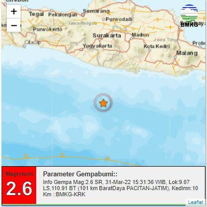 Gempa dengan magnitudo 2,6 terjadi di Pacitan. Gempa tersebut terjadi pukul 15.31 WIB.