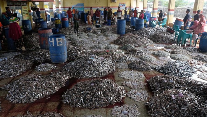 Pedagang dan nelayan bertransaksi ikan di Tempat Pelelangan Ikan (TPI) Tawang, Rowosari, Kendal, Jateng, Kamis (31/3/2022). Menurut nelayan setempat, melimpahnya hasil tangkapan ikan sejak beberapa pekan melimpah dipengaruhi oleh cuaca di Laut Jawa. ANTARA FOTO/Anis Efizudin/rwa.