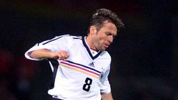 German defender Lothar Matthaus eyes the ball during the 1998 Soccer World Cup quarterfinal match against Croatia, 04 July at Gerland stadium in Lyon, central France. Croatia won 3-0. (ELECTRONIC IMAGE)   AFP PHOTO (Photo by GERARD CERLES / AFP)