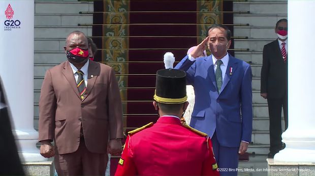 Presiden Joko Widodo Melakukan Upacara Penyambutan Kunjungan Resmi Perdana Menteri Papua Nugini James Marape beserta Ibu Rachael Marape, Istana Kepresidenan Bogor. (Tangkapan Layar via Youtube Sekretariat Presiden)
