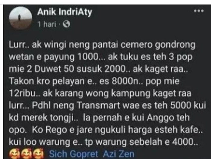 Viral postingan pengunjung Pantai Cemoro Gondrong Batang keluhkan harga es teh Rp 8 ribu.