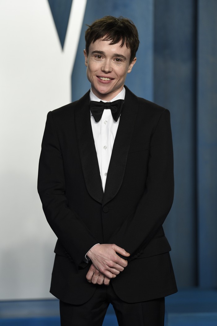 Elliot Page arrives at the Vanity Fair Oscar Party on Sunday, March 27, 2022, at the Wallis Annenberg Center for the Performing Arts in Beverly Hills, Calif. (Photo by Evan Agostini/Invision/AP)