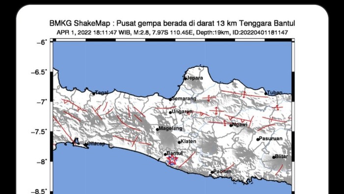 Gempa terjadi di tenggara Bantul, Jumat (1/4/2022).