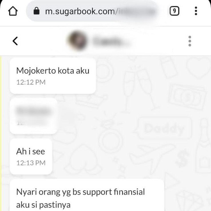 Seorang sugar baby asal Mojokerto, CP, mau blak-blakan soal tarif yang ia pasang ke sugar daddy. Namun ia tidak menyebutkan dengan nominal uang.