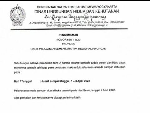 Surat edaran Dinas Lingkungan Hidup dan Kehutanan DIY tentang libur armada pelayanan sampah selama 3 hari.