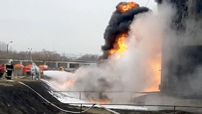 A flash of light is captured on a security camera near a fuel depot in the city of Belgorod, Russia April 1, 2022, in this still image taken from a video obtained by REUTERS.  THIS IMAGE HAS BEEN SUPPLIED BY A THIRD PARTY. NO RESALES. NO ARCHIVES. REUTERS WAS NOT ABLE TO SPEAK TO THE OWNER OF THE VIDEO OR INDEPENDENTLY VERIFY WHAT IT SHOWS.