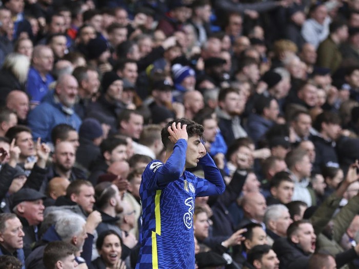 Chelsea's Kai Havertz gestures after his goal disallowed during the English Premier League soccer match between Chelsea and Brentford, at the Stamford Bridge stadium in London, Saturday, April 2, 2022. (AP Photo/Ian Walton)