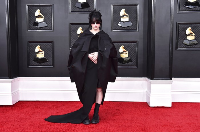 Billie Eilish arrives at the 64th Annual Grammy Awards at the MGM Grand Garden Arena on Sunday, April 3, 2022, in Las Vegas. (Photo by Jordan Strauss/Invision/AP)