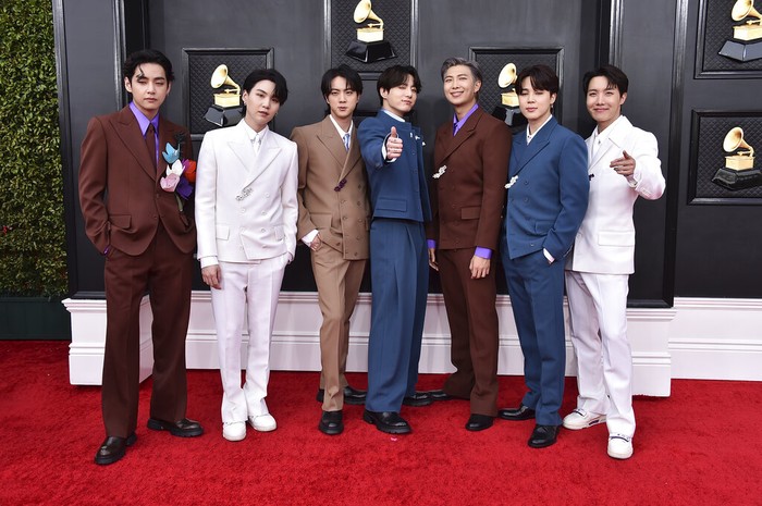 64th Annual Grammy Awards - Arrivals BTS arrives at the 64th Annual Grammy Awards at the MGM Grand Garden Arena on Sunday, April 3, 2022, in Las Vegas. (Photo by Jordan Strauss/Invision/AP)