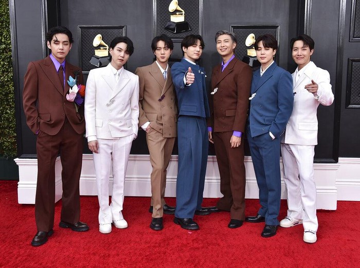 64th Annual Grammy Awards - Arrivals BTS arrives at the 64th Annual Grammy Awards at the MGM Grand Garden Arena on Sunday, April 3, 2022, in Las Vegas. (Photo by Jordan Strauss/Invision/AP)