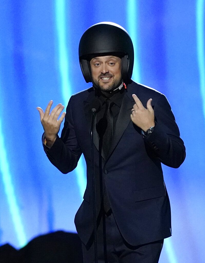 Comedian Nate Bargatze speaks at the 64th Annual Grammy Awards on Sunday, April 3, 2022, in Las Vegas. (AP Photo/Chris Pizzello)