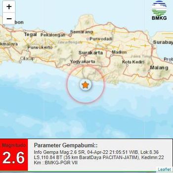 Dua gempa mengguncang Pacitan. Gempa terjadi pada pukul 17.04 dan 21.05 WIB.