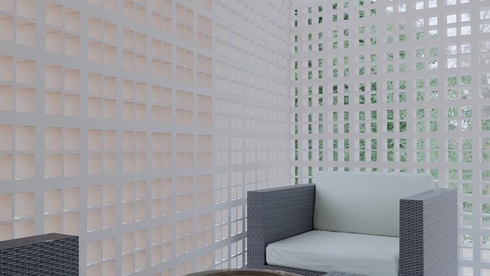 a two chair in a three-story house with a modern minimalist design with a beautified facade with secondary skin made of concrete roster