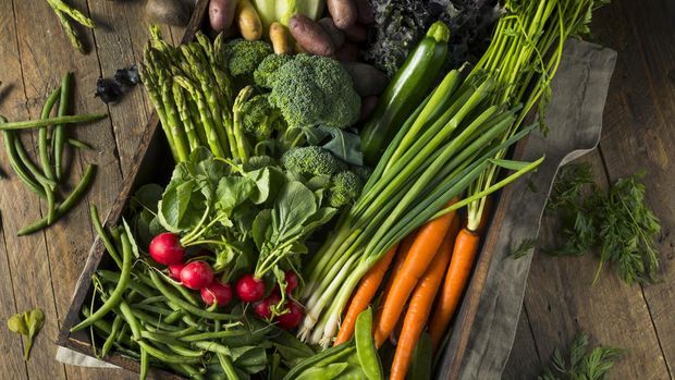 Raw Organic Spring Farmers Market Box with Asparagus Broccoli Kale Snow Peas and Green Onions sayuran sehat