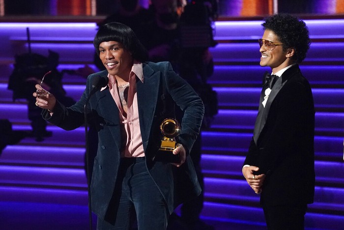 Silk Sonic Anderson .Paak, left, and Bruno Mars of Silk Sonic accept the award for record of the year for