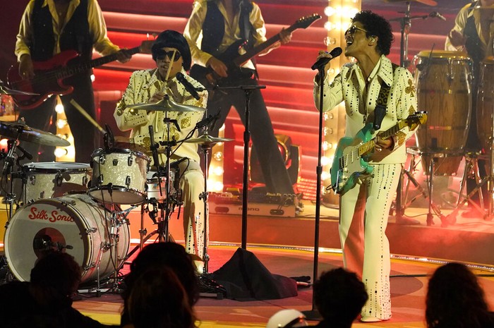 Anderson .Paak, left, and Bruno Mars of Silk Sonic perform 
