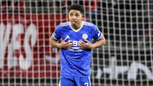 Leicesters Wesley Fofana celebrates after scoring during the Europa Conference League, round of 16, second leg soccer match between Rennes and Leicester City at the Roazhon Park stadium in Rennes, western France, Thursday, March 17, 2022. (AP Photo/Jeremias Gonzalez)